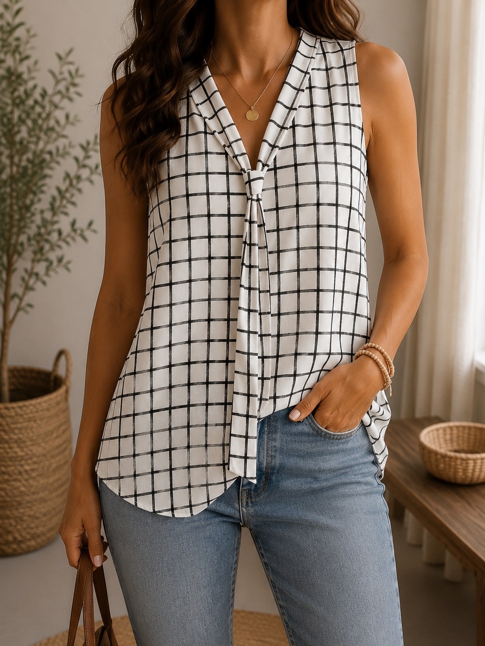 NWOT PerSeption Concept Black & White Windowpane Tie-Neck Sleeveless Top